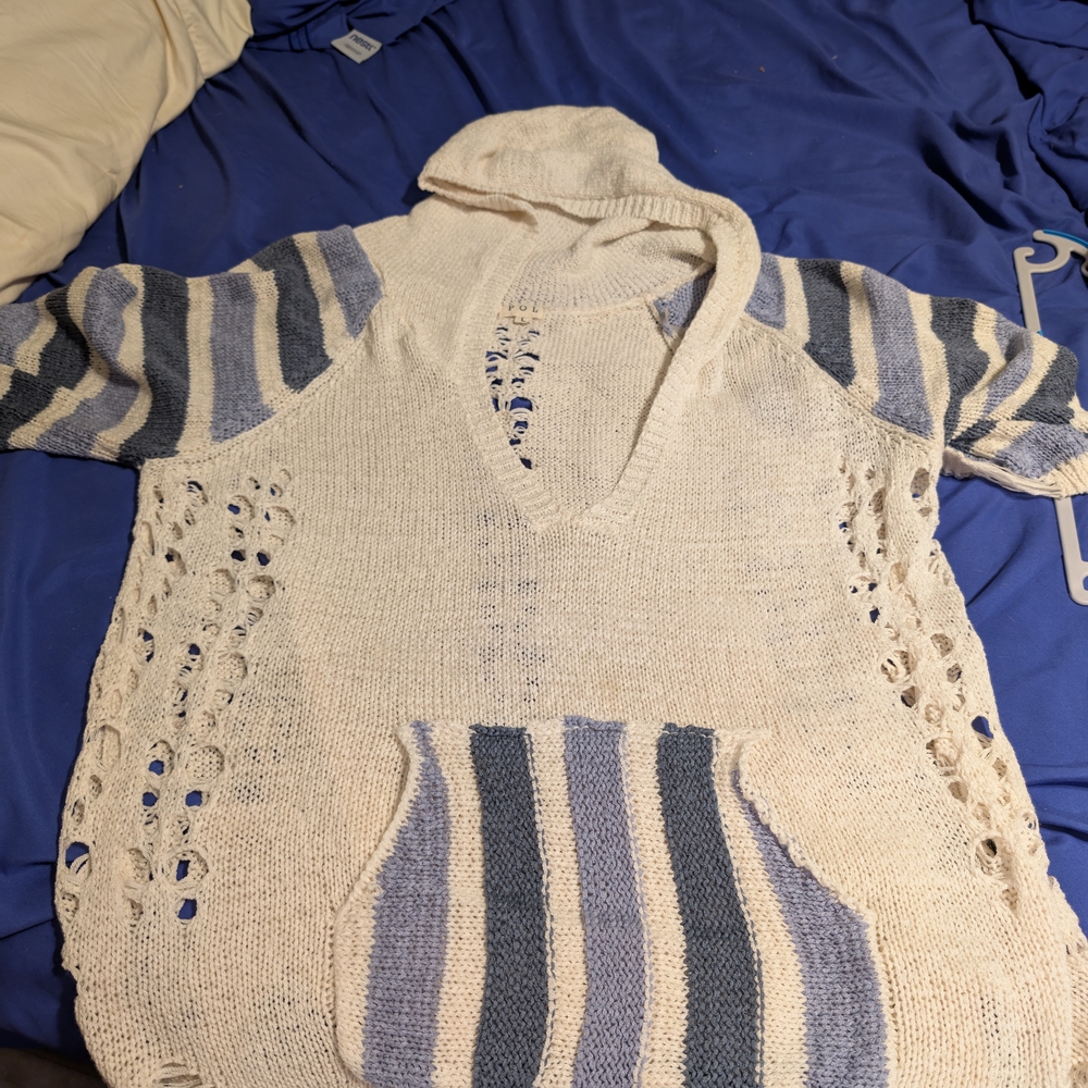 POL Blue and White Hooded Sweatshirt with Stripes